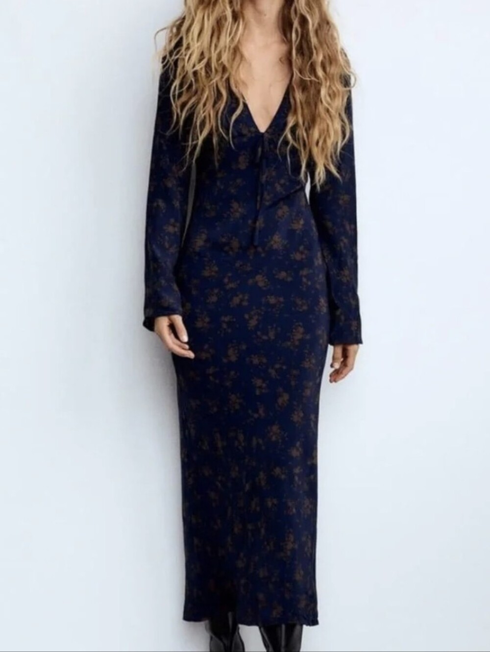 Zara Navy Floral Long Sleeve Maxi Dress